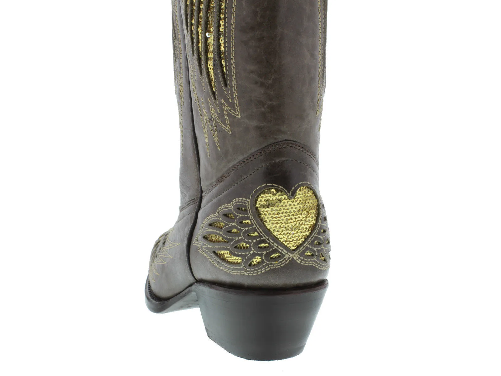 Womens Brown Cowboy Boots Gold Heart & Wings Sequins - Snip Toe