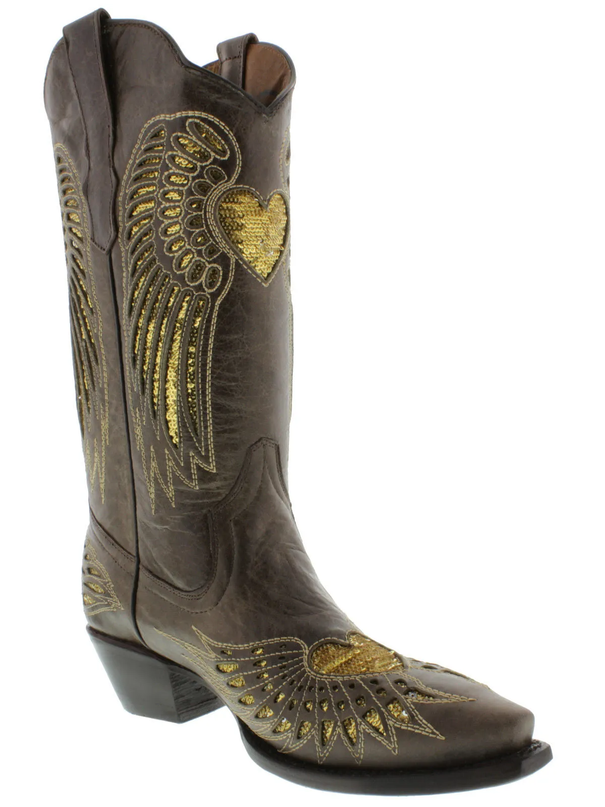 Womens Brown Cowboy Boots Gold Heart & Wings Sequins - Snip Toe