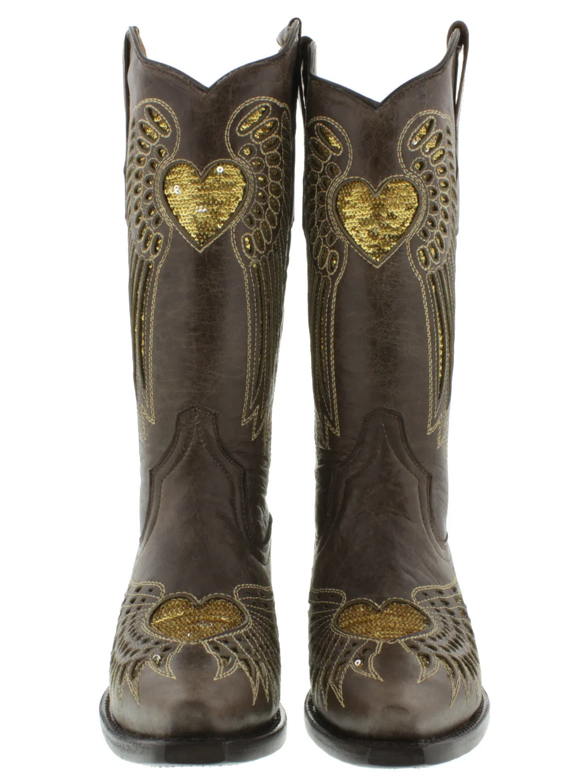 Womens Brown Cowboy Boots Gold Heart & Wings Sequins - Snip Toe