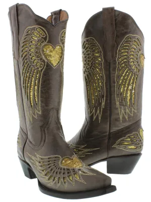 Womens Brown Cowboy Boots Gold Heart & Wings Sequins - Snip Toe