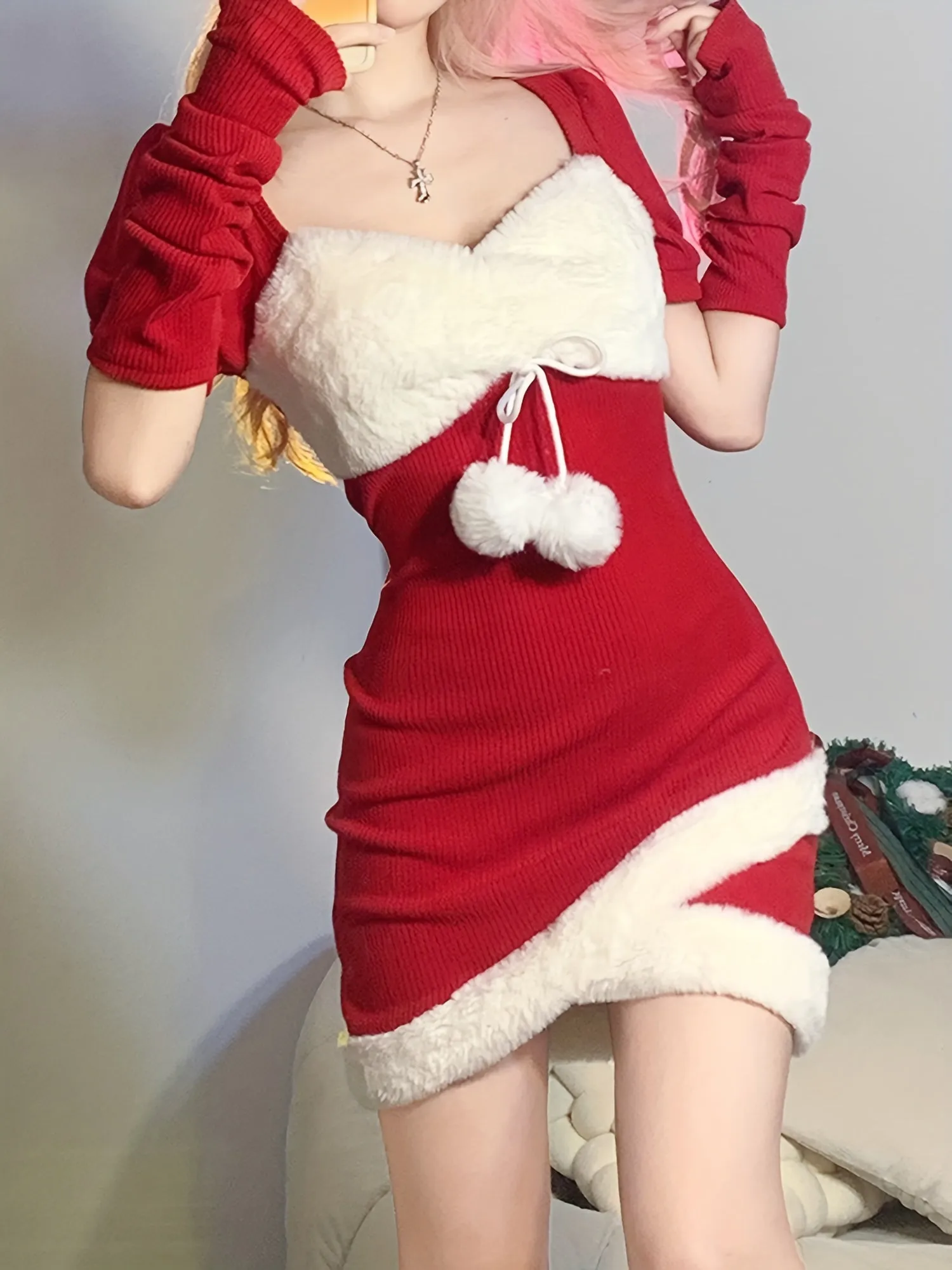 Women's Christmas Santa Dress Deluxe Mrs. Claus Costume Fur Patchwork Dress Party Cosplay Outfit