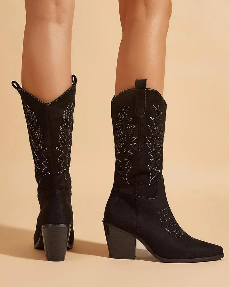 Women's Elegant Embroidery Chunky Heel Boots