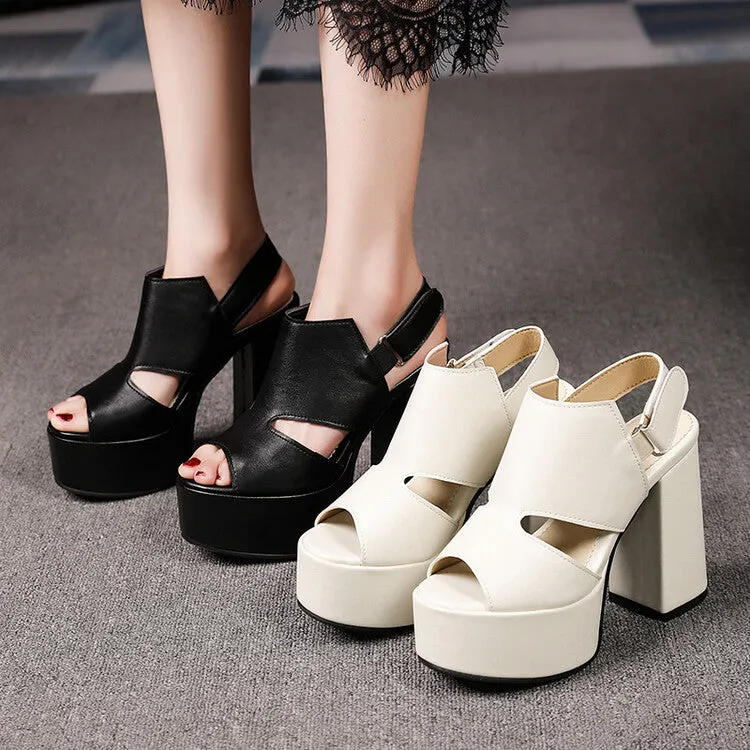 Women's High Heeled Peep Toe Hollow Out Platform Chunky Heel Sandals