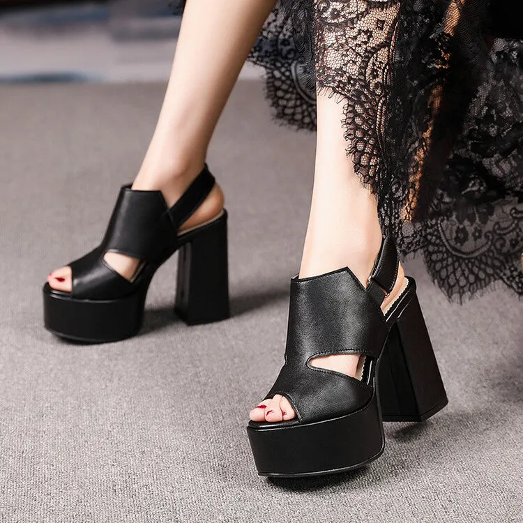 Women's High Heeled Peep Toe Hollow Out Platform Chunky Heel Sandals