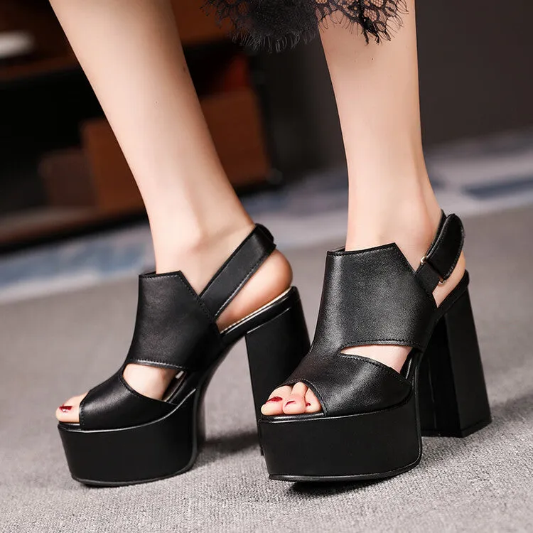 Women's High Heeled Peep Toe Hollow Out Platform Chunky Heel Sandals