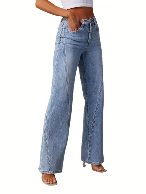 Women's High-Waist Casual Denim Jeans - Loose Fit, Wide Leg with Patchwork Detail, Stretch Cotton Blend