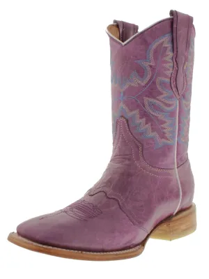 Womens MC560 Purple Stitched Leather Cowboy Boots Square Toe