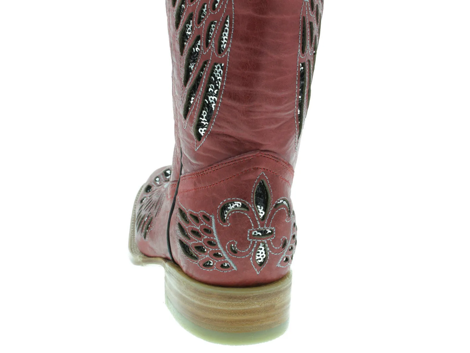 Womens Red Cowboy Boots Fleur-De-Lis & Wings Silver Sequins - Square Toe