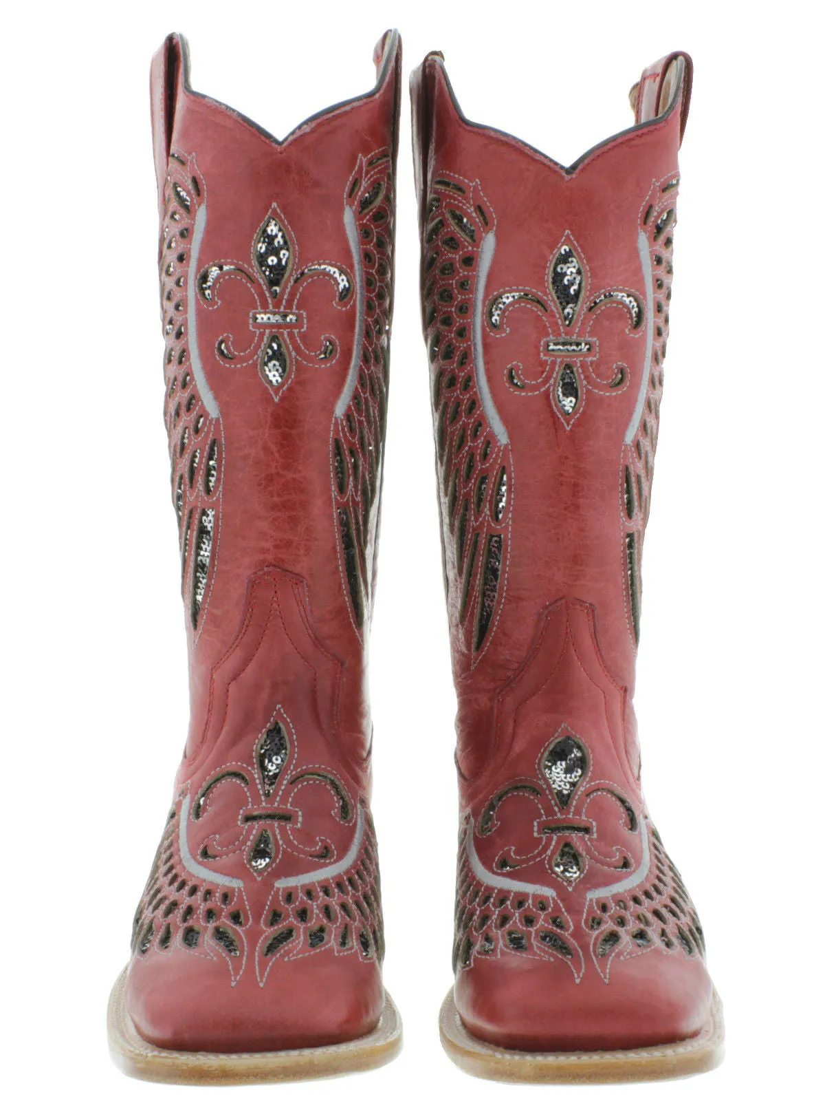 Womens Red Cowboy Boots Fleur-De-Lis & Wings Silver Sequins - Square Toe