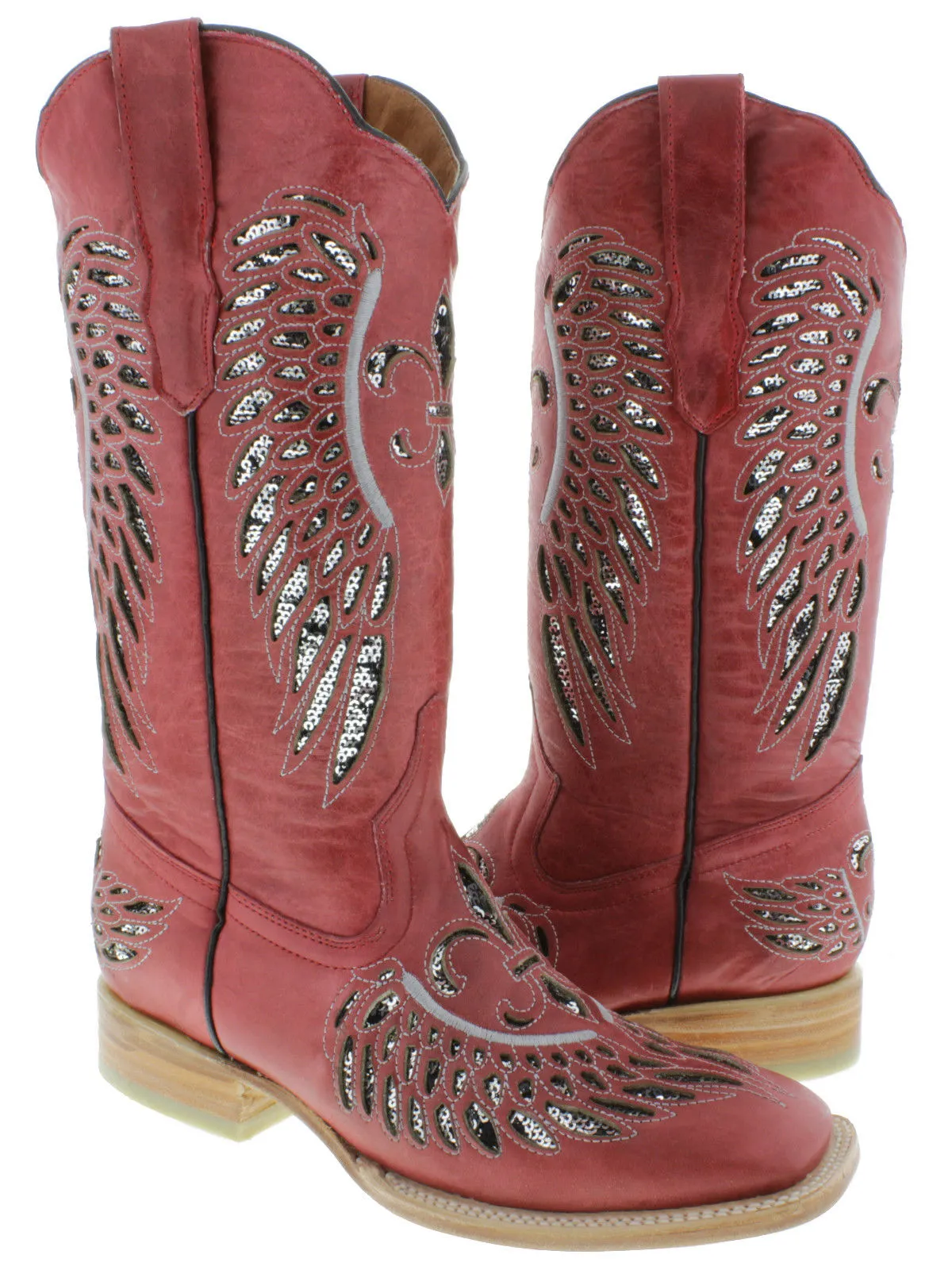 Womens Red Cowboy Boots Fleur-De-Lis & Wings Silver Sequins - Square Toe