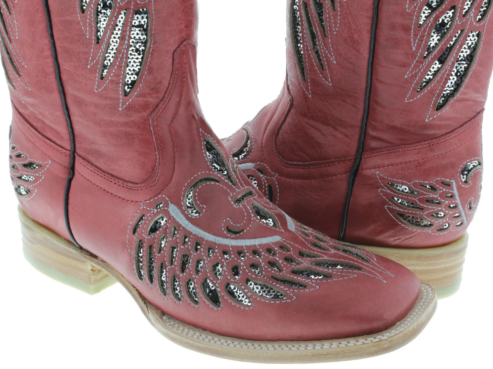 Womens Red Cowboy Boots Fleur-De-Lis & Wings Silver Sequins - Square Toe