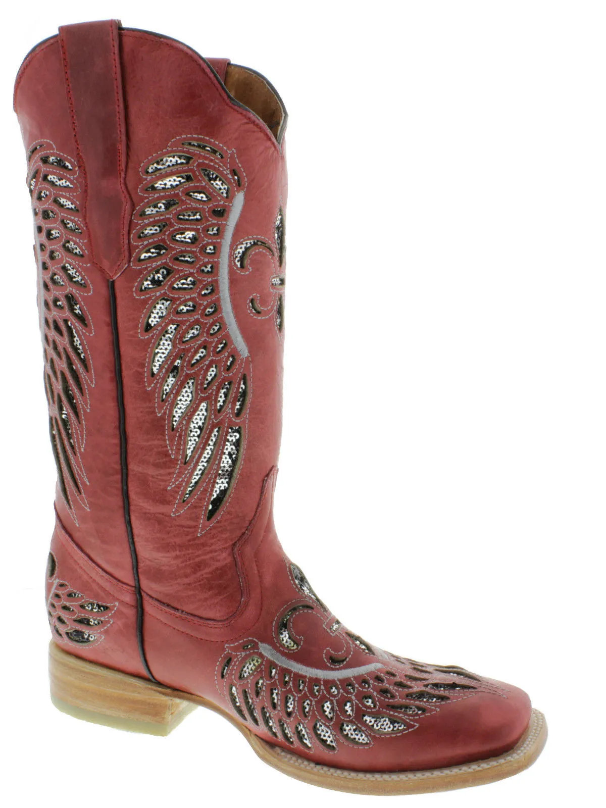 Womens Red Cowboy Boots Fleur-De-Lis & Wings Silver Sequins - Square Toe