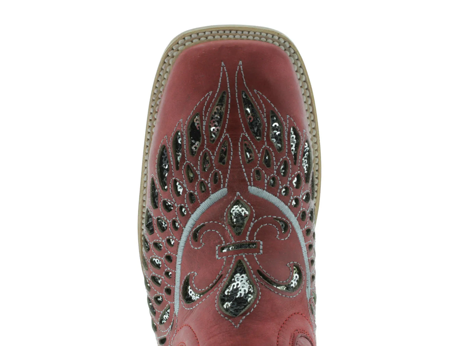 Womens Red Cowboy Boots Fleur-De-Lis & Wings Silver Sequins - Square Toe