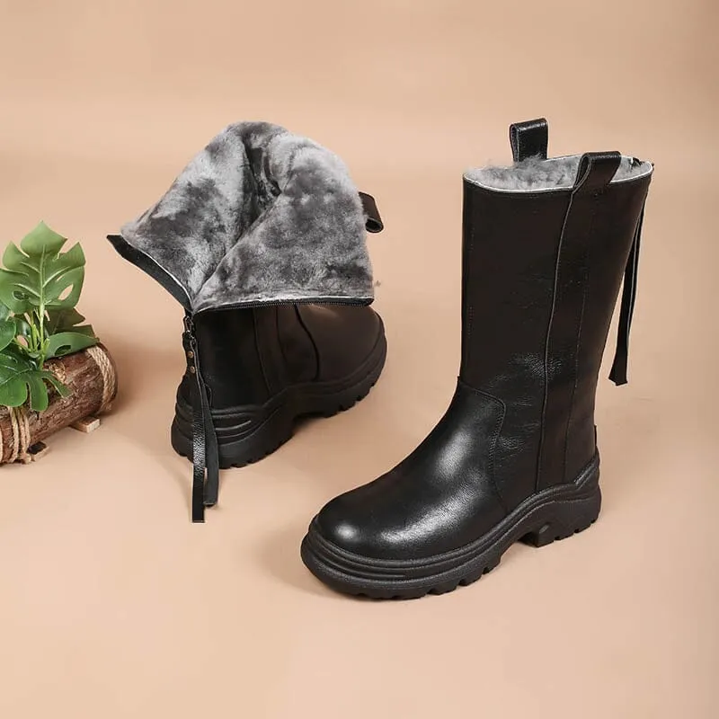 Womens Shearling Lined Snow Boots for Cold Winter Retro Leather Mid Calf Boots in Black/Brown