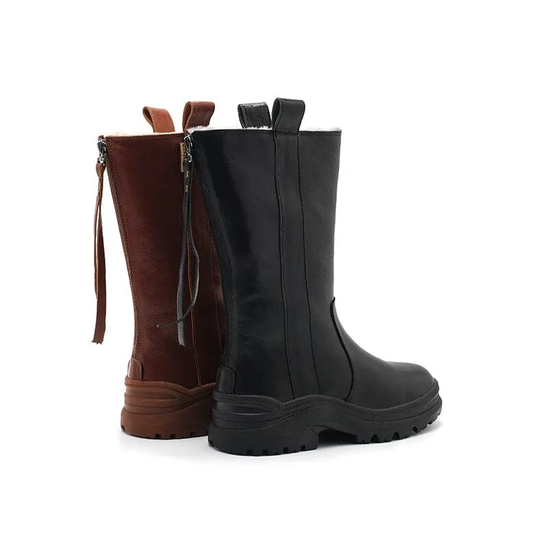 Womens Shearling Lined Snow Boots for Cold Winter Retro Leather Mid Calf Boots in Black/Brown