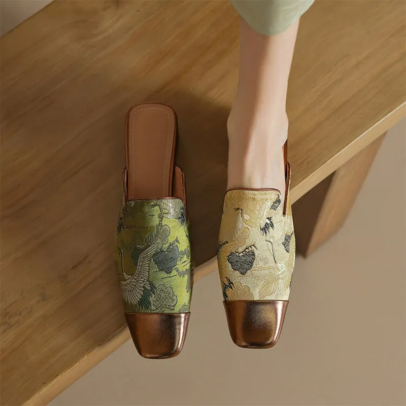 Women's Slippers Sheepskin Satin Patchwork Square Toe Mule Shoes In Golden/Green