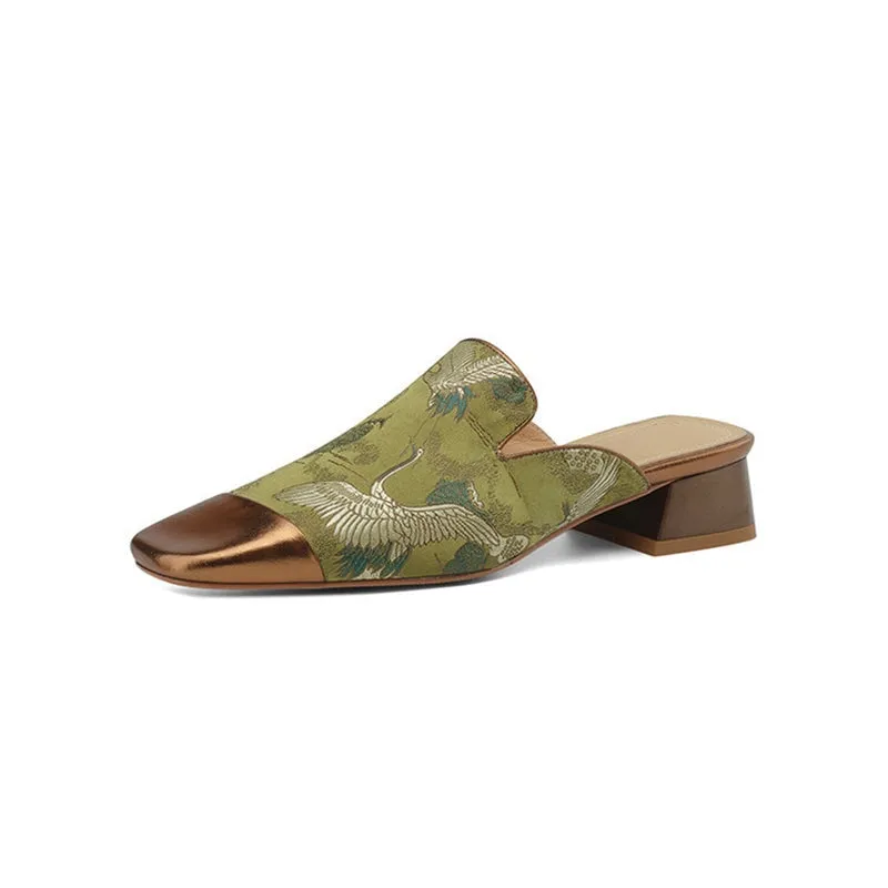 Women's Slippers Sheepskin Satin Patchwork Square Toe Mule Shoes In Golden/Green