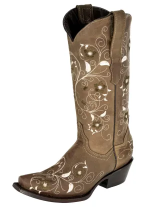 Womens Sofia Light Brown Leather Cowboy Boots Floral - Snip Toe