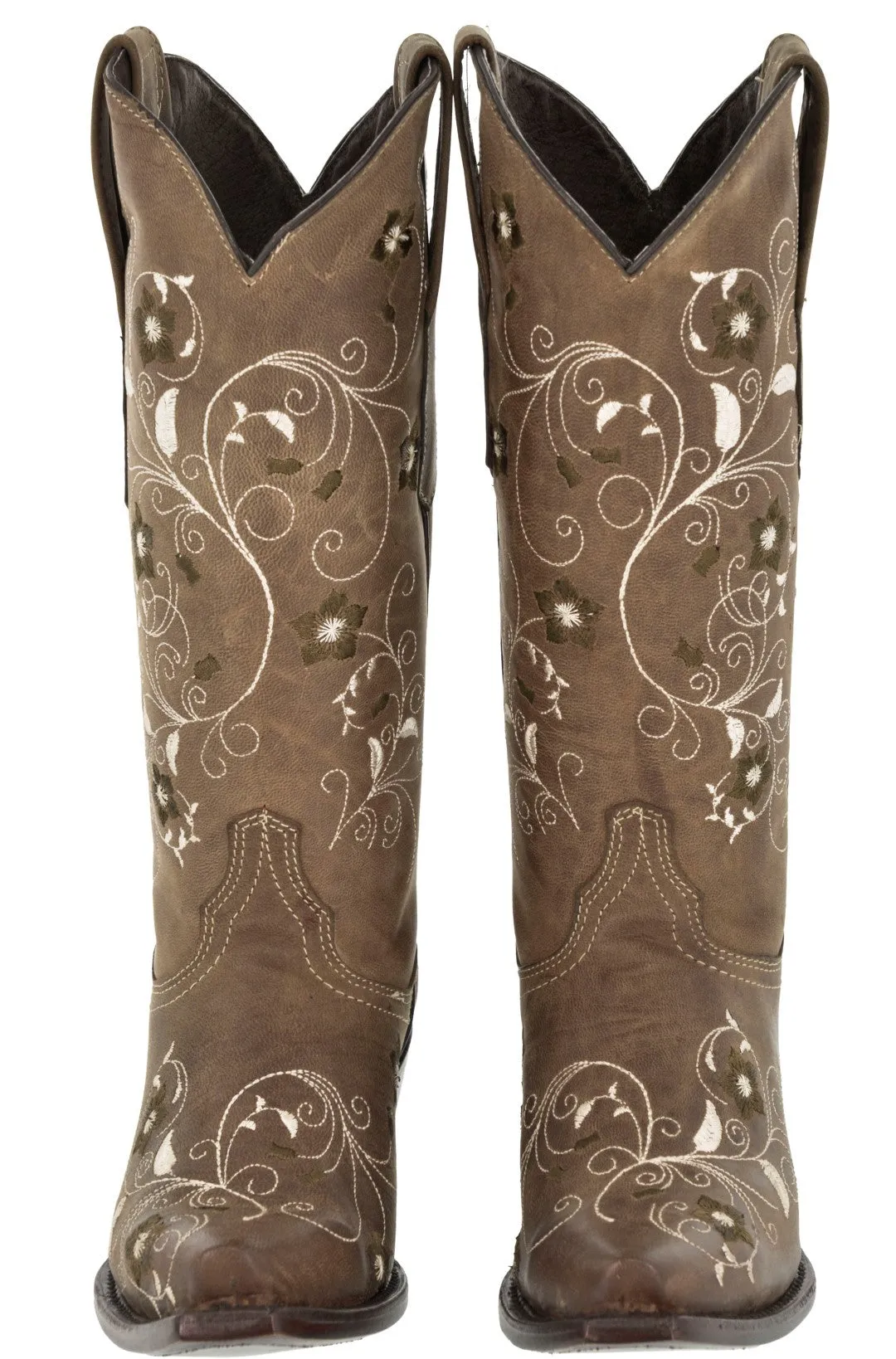 Womens Sofia Light Brown Leather Cowboy Boots Floral - Snip Toe