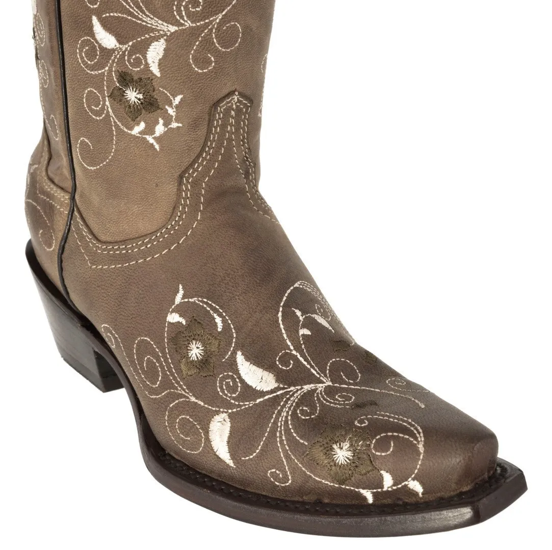 Womens Sofia Light Brown Leather Cowboy Boots Floral - Snip Toe