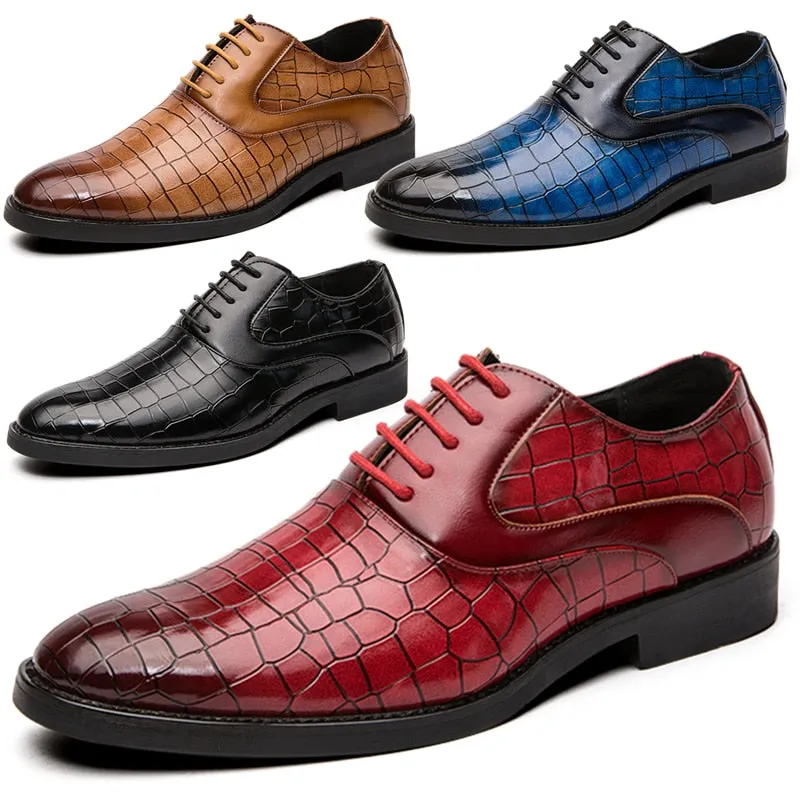 Yeknu Luxury Design Men Leather Crocodile Pattern Oxford Lace up Split Toe Office Wedding Formal Shoes Patchwork Shoes