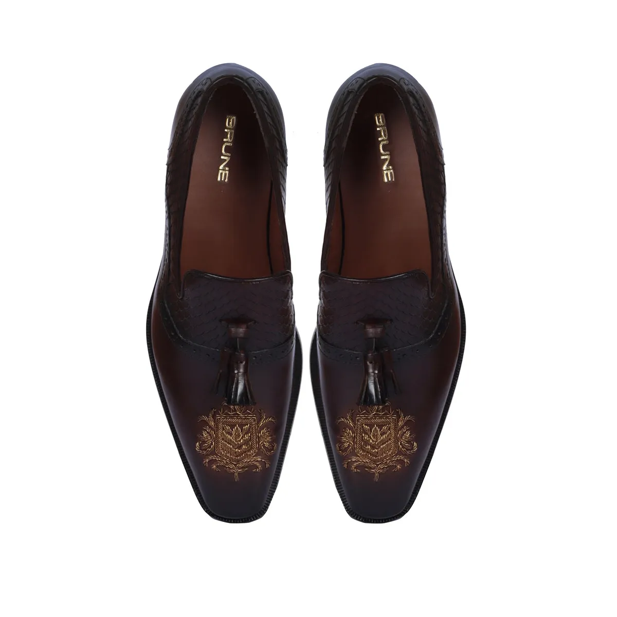 Zardosi Toe Dark Brown Snake Textured Tassel Leather Slip-On Shoe For Men