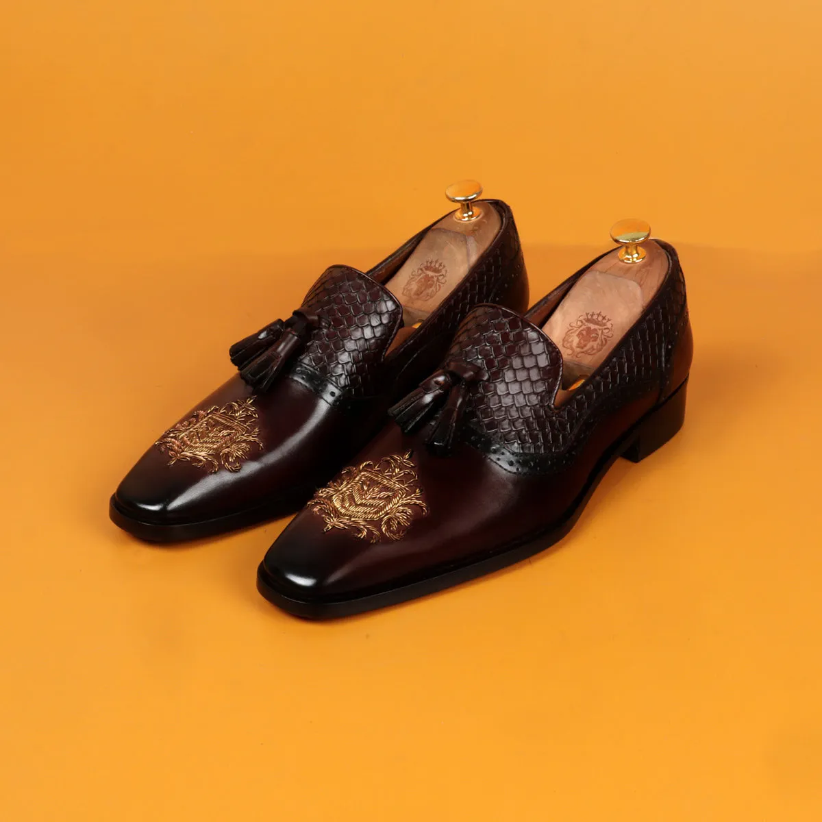 Zardosi Toe Dark Brown Snake Textured Tassel Leather Slip-On Shoe For Men