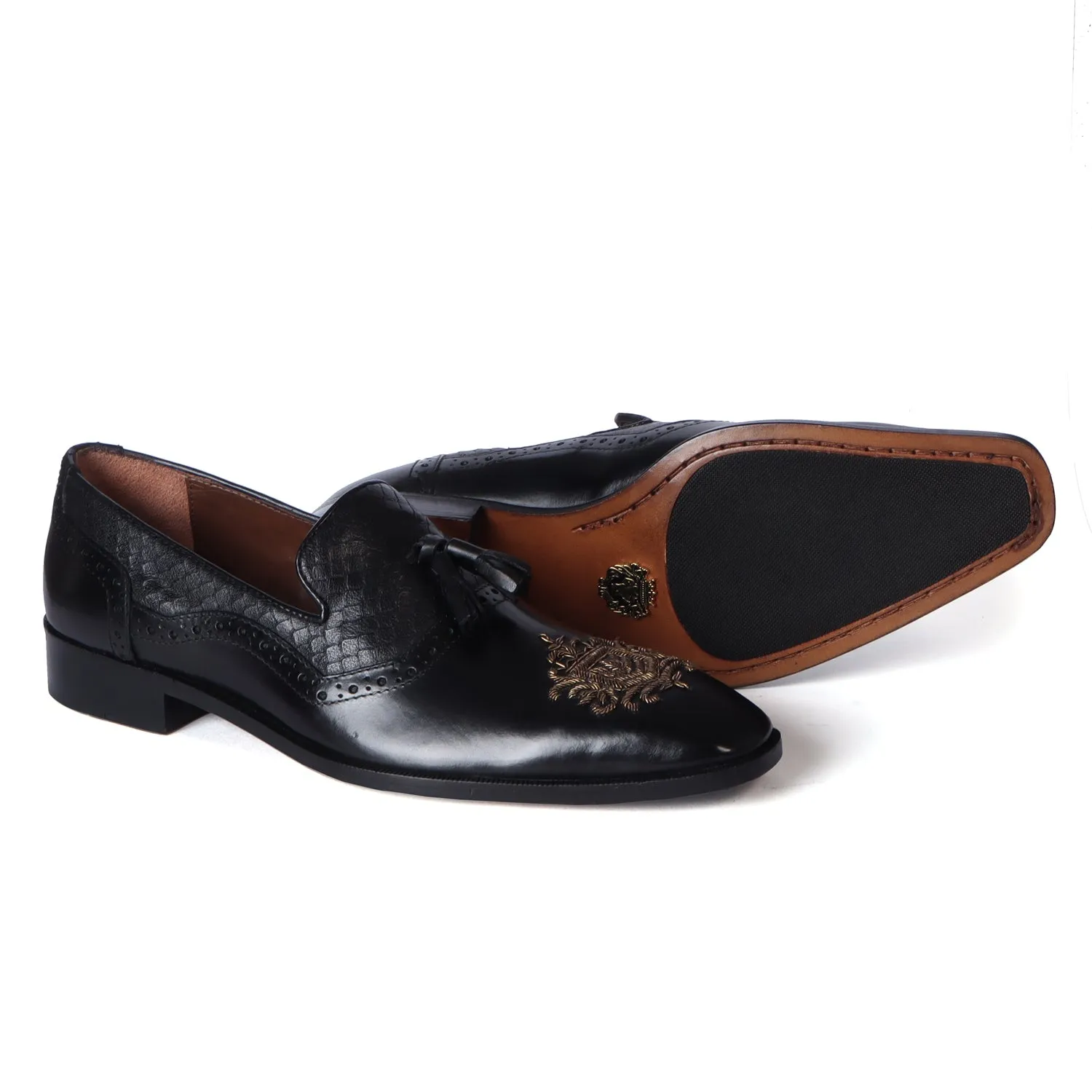 Zardosi Toe Slip-On Shoe For Men Black Snake Textured Tassel Leather