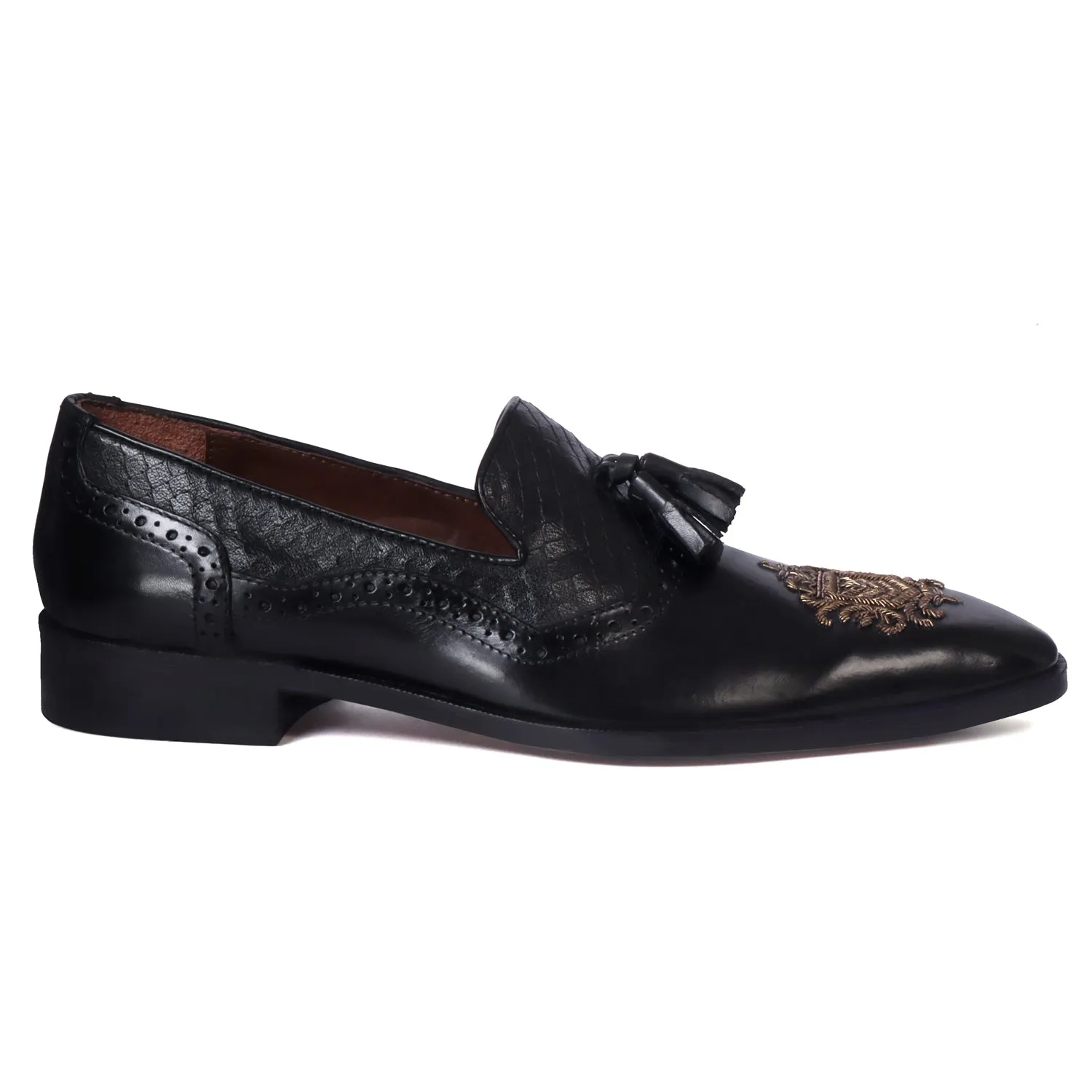 Zardosi Toe Slip-On Shoe For Men Black Snake Textured Tassel Leather